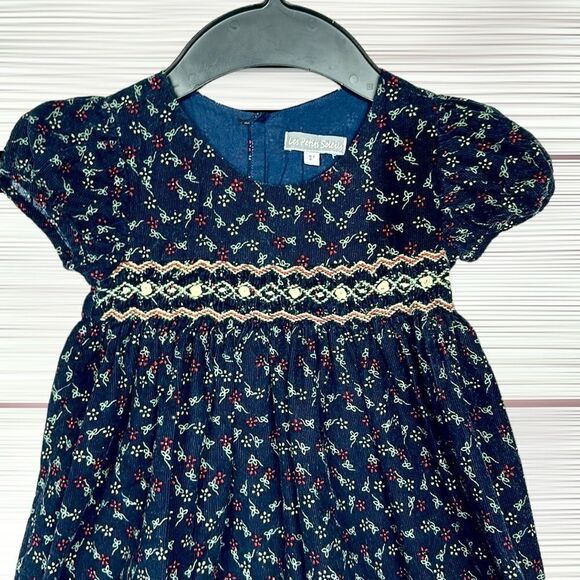 Les Petits Soleils Smocked Dress Cotton Corduroy Navy Blue Short Sleeve size 3 - Picture 1 of 11
